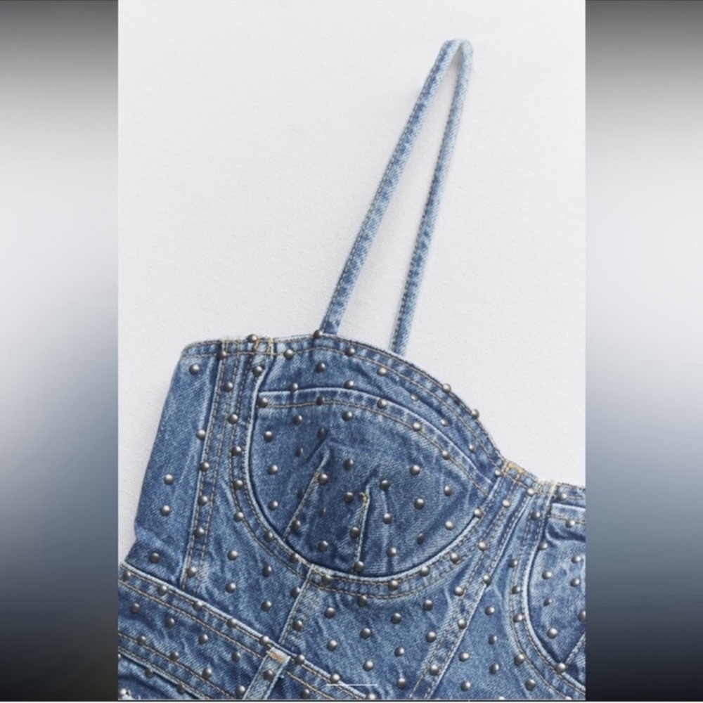 Zara denim bodice studded midi dress USA small - Picture 6 of 12